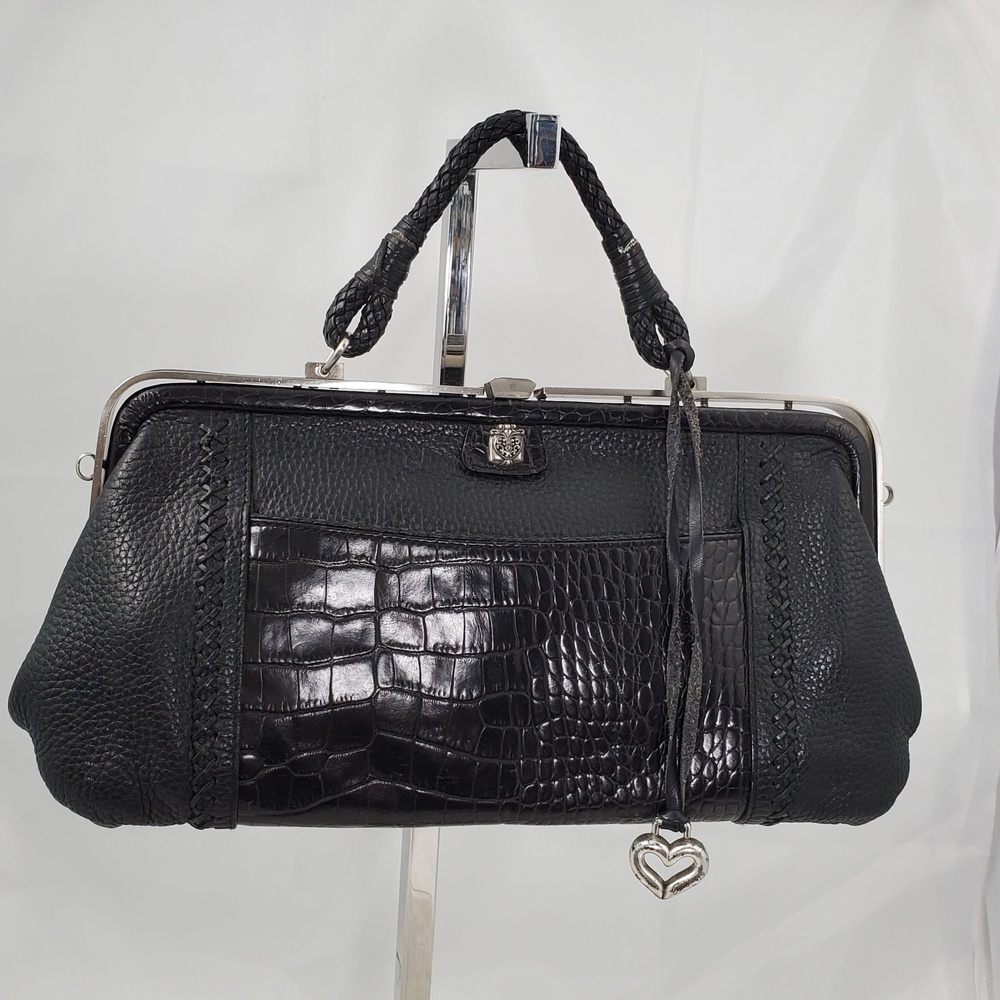 Vintage Brighton Kiss Lock Croc Embossed Leather Frame Satchel Bag Black C223402